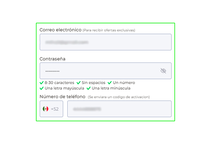 Creación de una contraseña, introducción del número de teléfono y del correo electrónico